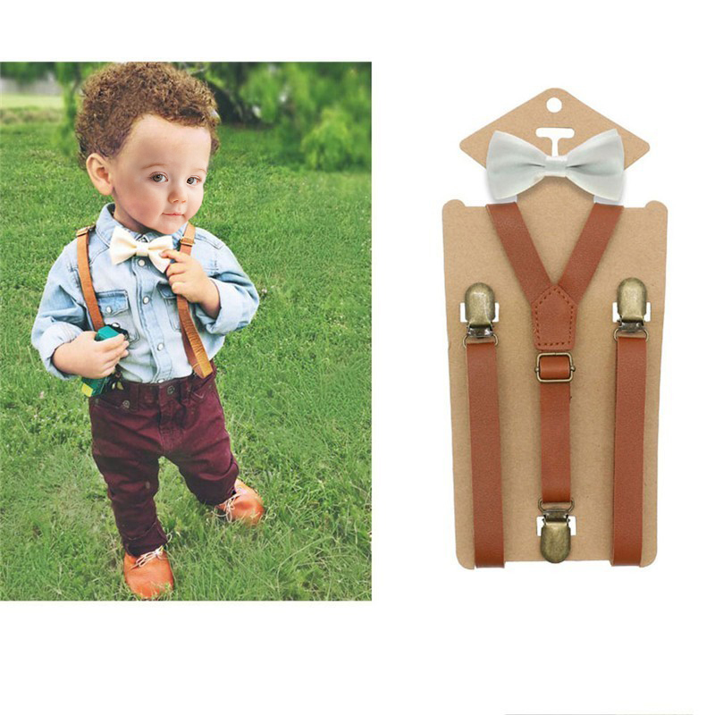 3 klipsy Y Back Kid Brown Tan Leather Suspender And Bow Tie Ring Bearer Bowtie Set Birthday Outfit 80 * 1.5cm Adjustable