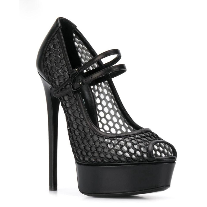Plataforma sexy alças duplas bombas de malha de ar super saltos peep toe fishnet salto alto banquete desempenho sapatos