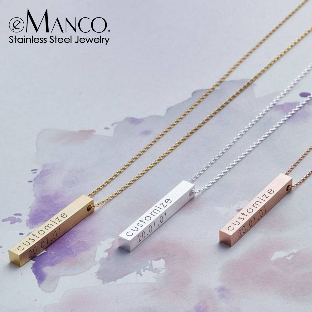 EManco-collar con grabado de cuatro lados, barra cuadrada personalizada, nombre personalizado, colgante de acero inoxidable, regalo para mujeres/hombres