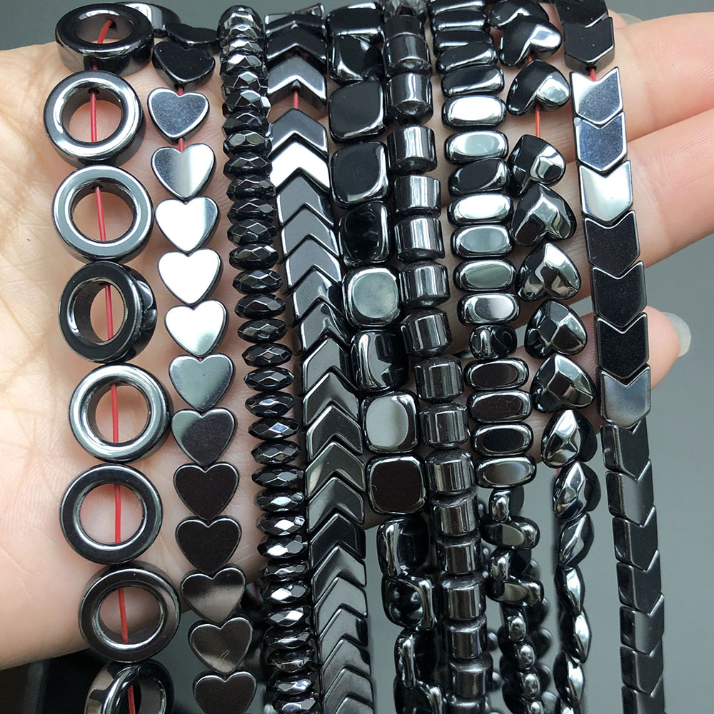 Cuentas de piedra de hematita negra Natural, cuentas sueltas con forma de columna cuadrada facetada de corazón redondo para fabricación de joyas, pulsera DIY de 15''