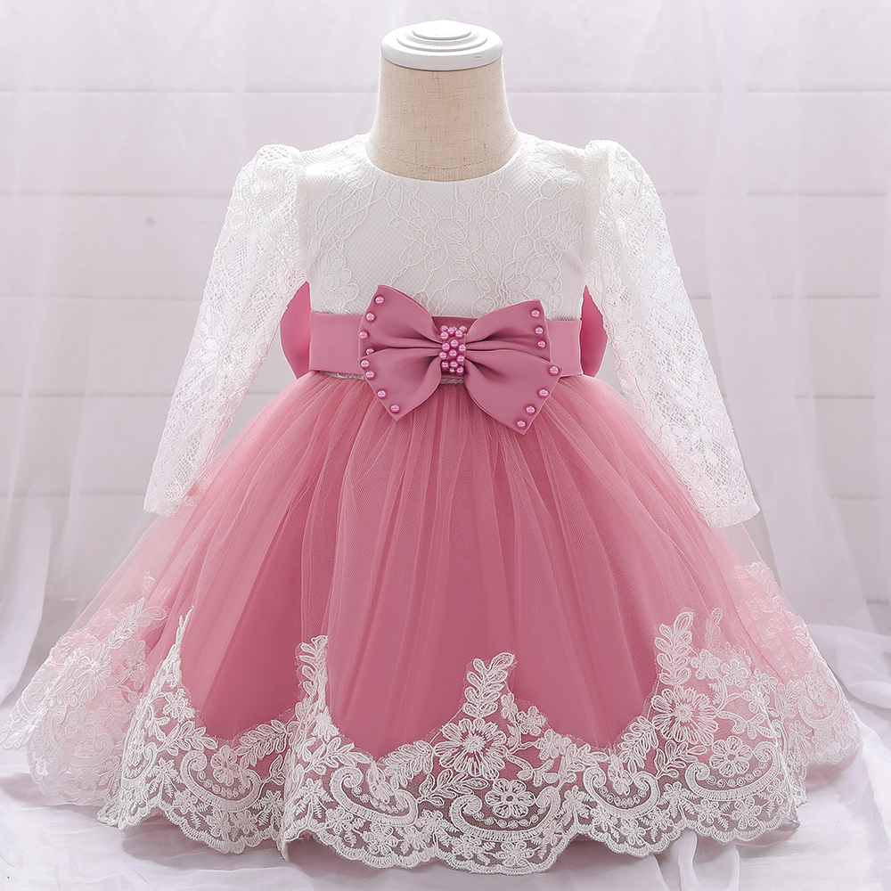 Abiti da sposa per feste in pizzo a maniche lunghe per neonata con fiocco grande Abito da principessa per primo compleanno per bambina
