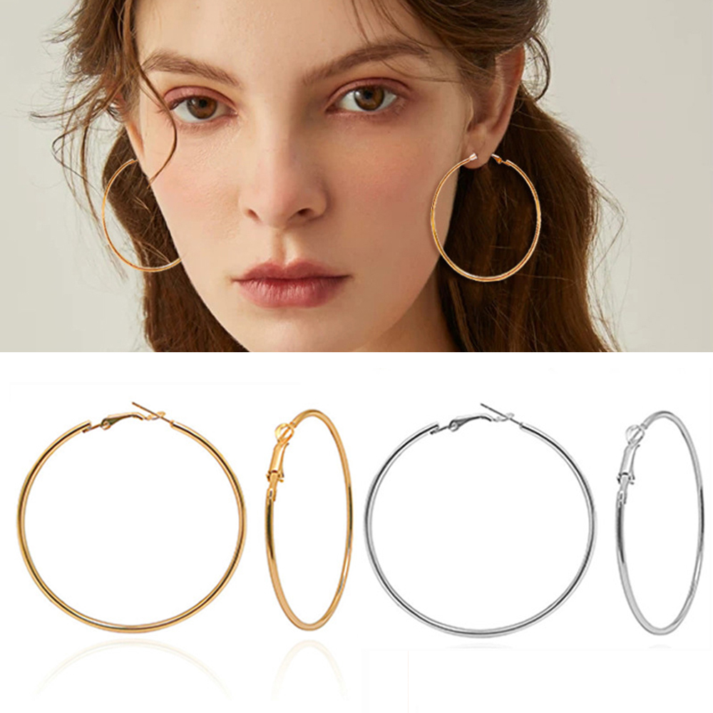 1 par de pendientes de aro circulares de acero inoxidable para mujer, aretes de aro exagerados, aretes de anillo liso, joyería de 3 cm a 10 cm
