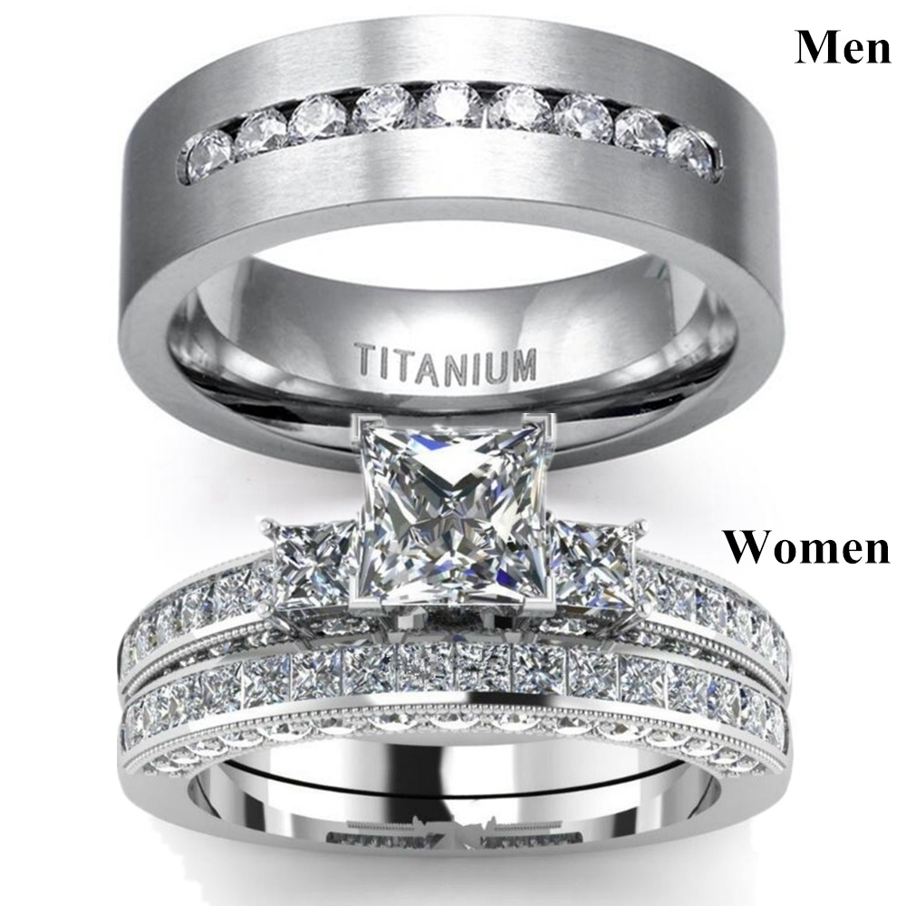 Mode Paar Ringen Heren Cz Roestvrijstalen Ring Vrouwen Vierkant Gesneden Kristallen Steentjes Ringen Set Bruiloft Verlovingsjuwelen
