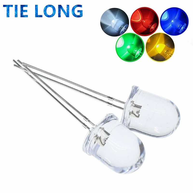 10mm LED 5 Colors Red Blue Yellow Green White Transparent 20mA 0.75W Ultra Bright Round LED Light Emitting Diode Lamp