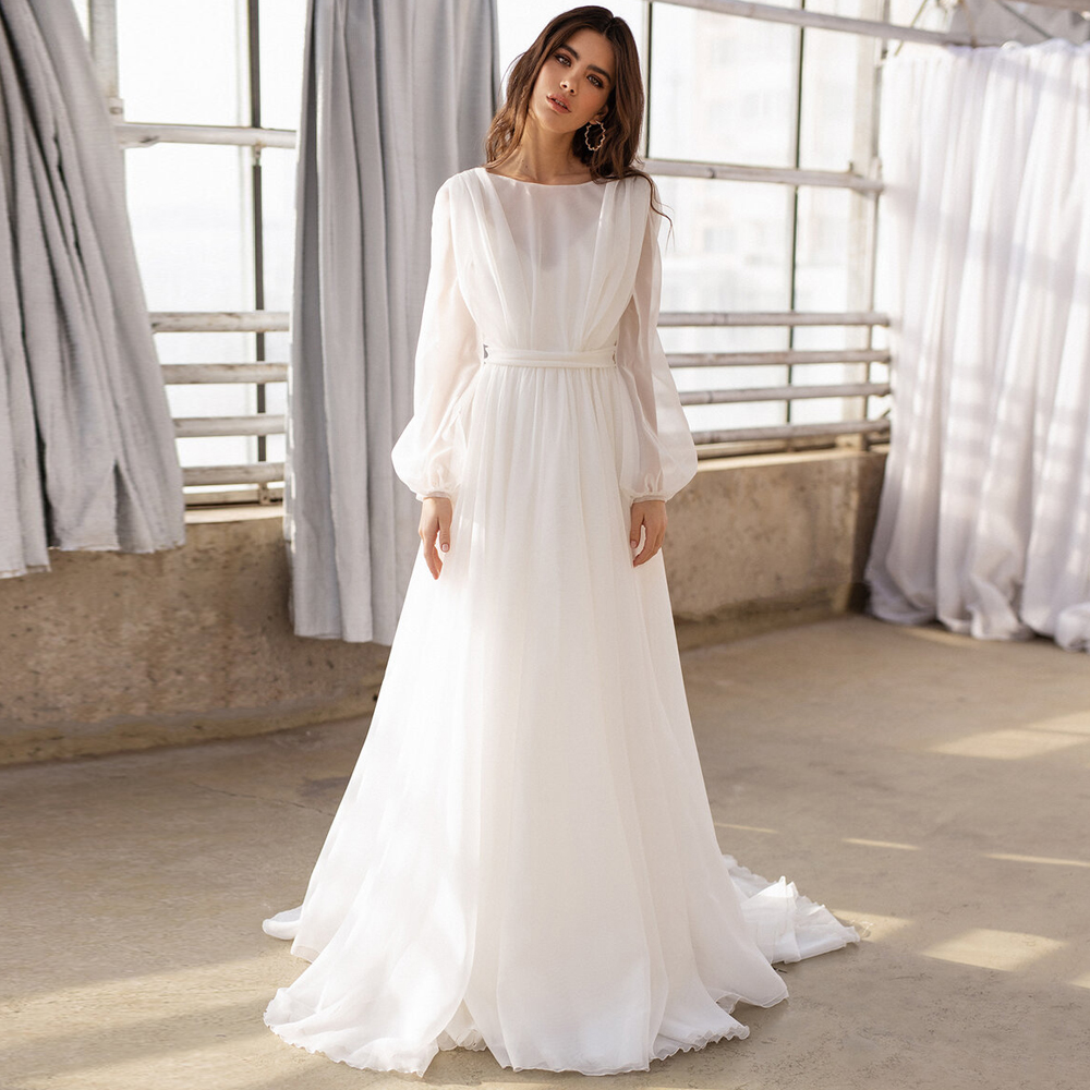 Jiayigong Bescheiden Bruidsjurken Pofmouwen O Hals Eenvoudige Chiffon Bruidsjurken Ruglooze A-lijn Sweep Trein Boho Trouwjurk
