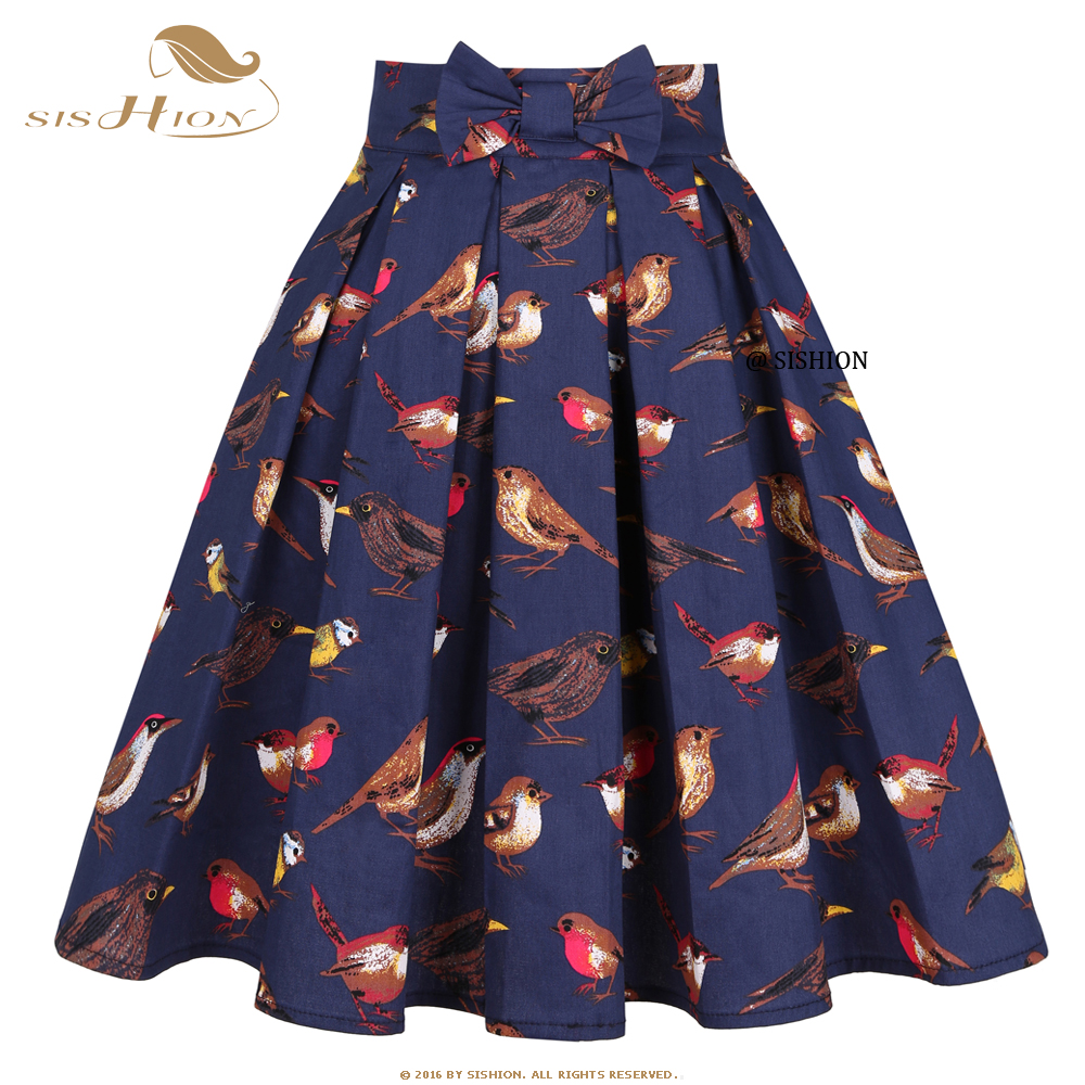 SISHION Navy Blue Birds Printed Women Summer Skirt SS0012 Korean Y2K ropa mujer Cotton 50s Vintage Pleated Midi Skirt