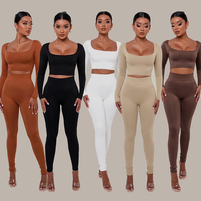 New Classic Two Piece Set Women Fall Low Neck Crop Tops+Skinny Pencil Pants Matching Outfit Female Solid Casual Tracksuit 2022