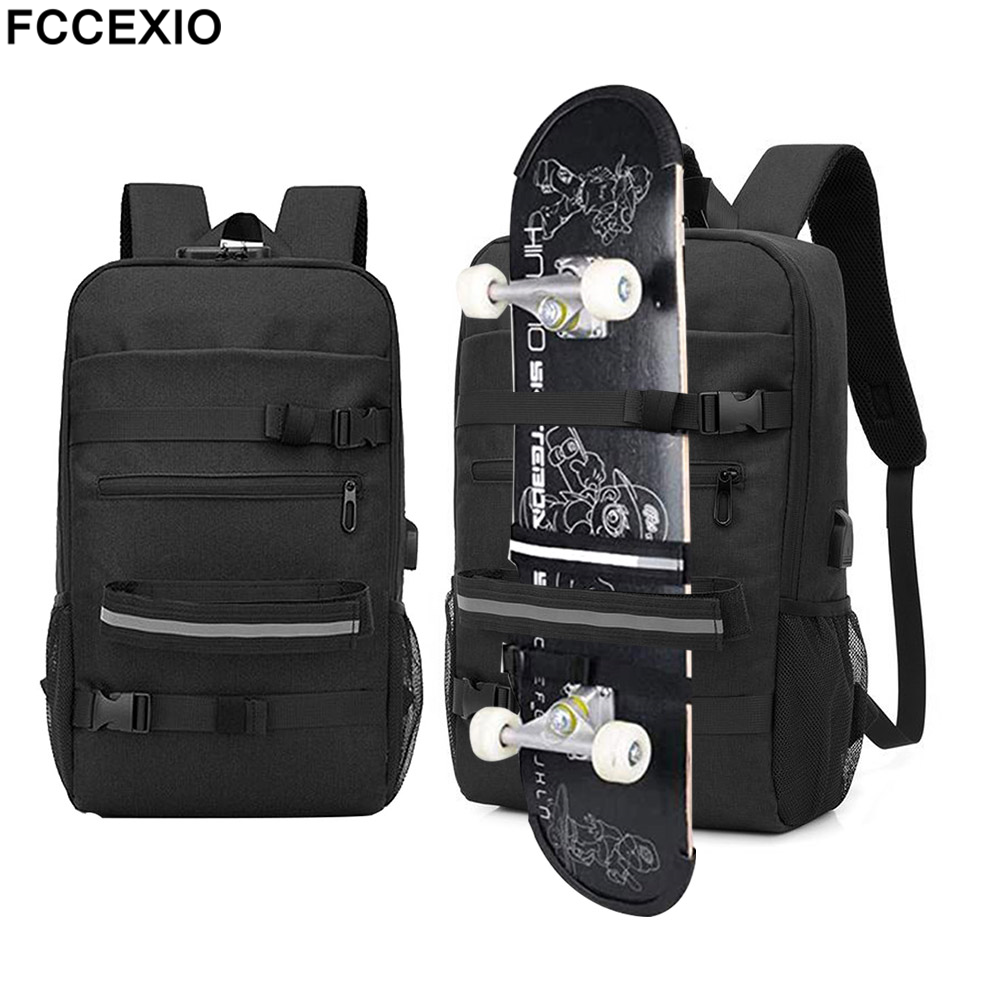 FCCEXIO 스케이트 보드 배낭 도난 방지 암호 잠금 USB 충전 숄더 백 남여 레저 여행 컴퓨터 가방 롱 보드 가방