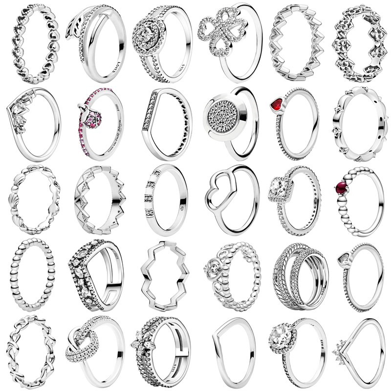 คลาสสิก 100% 925 เงินสเตอร์ลิง Princess Tiara Crown ประกายหัวใจรัก CZ Pantaro แหวนเครื่องประดับหมั้นผู้หญิงครบรอบ