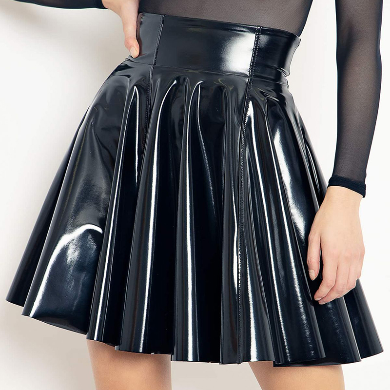 Gonna gotica in pelle verniciata effetto bagnato da donna gonna a vita alta in PVC svasato a pieghe A-line Circle Mini Skater Skirt Clubwear Custom