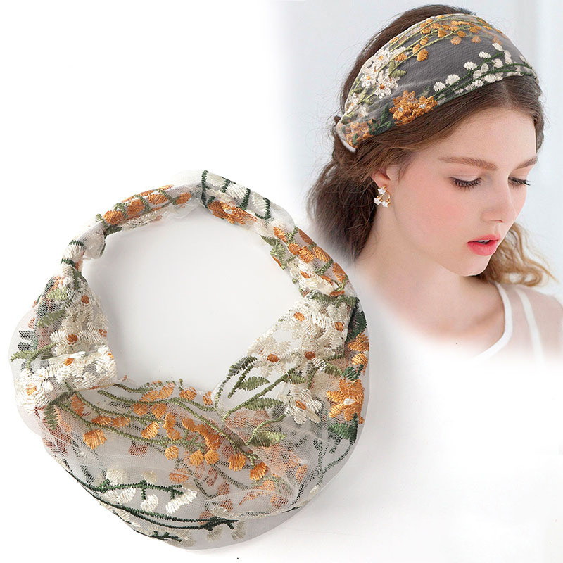 Weiblichen Ethnischen Haarbänder Elastische Stickerei Spitze Blume Stirnband Chiffon Kopf Wrap Lünette für Frauen Kreuz Verknotet Haar Zubehör