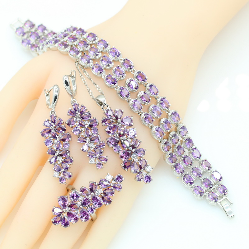 Set di gioielli in Zirconia viola per le donne bracciale orecchini collana ciondolo anello confezione regalo
