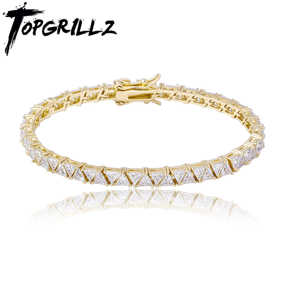 Gelang Rantai Tenis 5Mm TOPGRILLZ Perhiasan Mode Liontin Hip Hop Zirconia Kubik Es Keluar Segitiga Kualitas Tinggi untuk Wanita