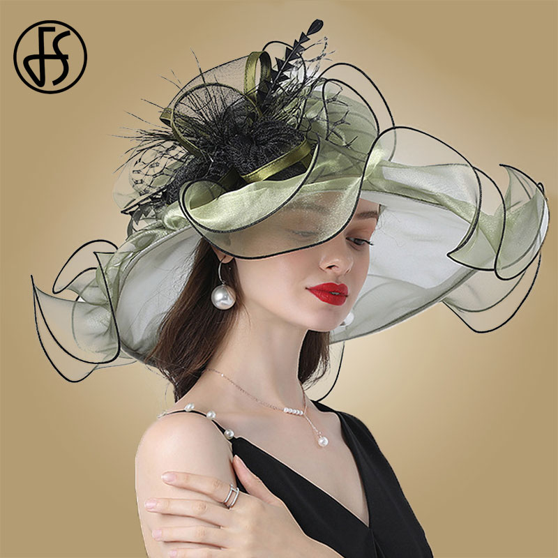 FS sombrero tocado de novia para boda para mujer, sombreros de Organza Kentucky Derby, vestido de fiesta de té, sombrero de fieltro de ala ancha grande, gorra de plumas