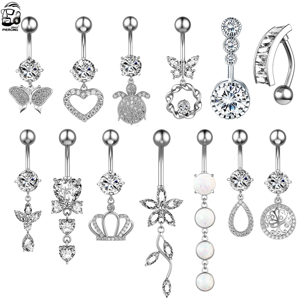 14G สัตว์หัวใจ Dangle Belly ปุ่มแหวนเหล็กผ่าตัดโค้ง Navel Barbell แหวนเครื่องประดับเจาะ Ombligo สําหรับผู้หญิงสาว