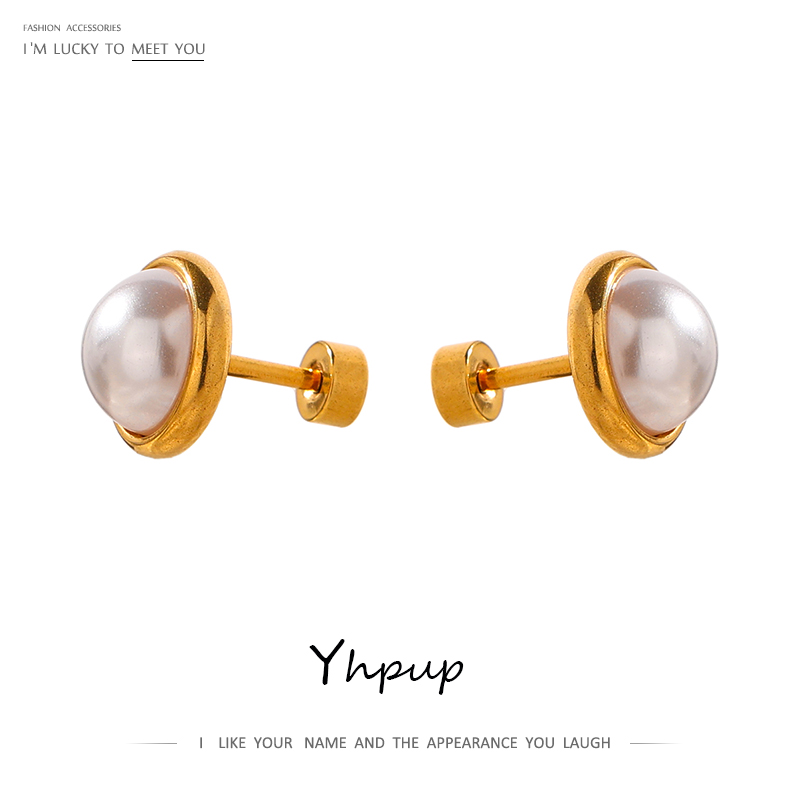 Yhpup Pendientes de tuerca con perlas de imitación, joyería de acero inoxidable a la moda, abalorio geométrico chapado en 18 K para mujer, regalo de Gala
