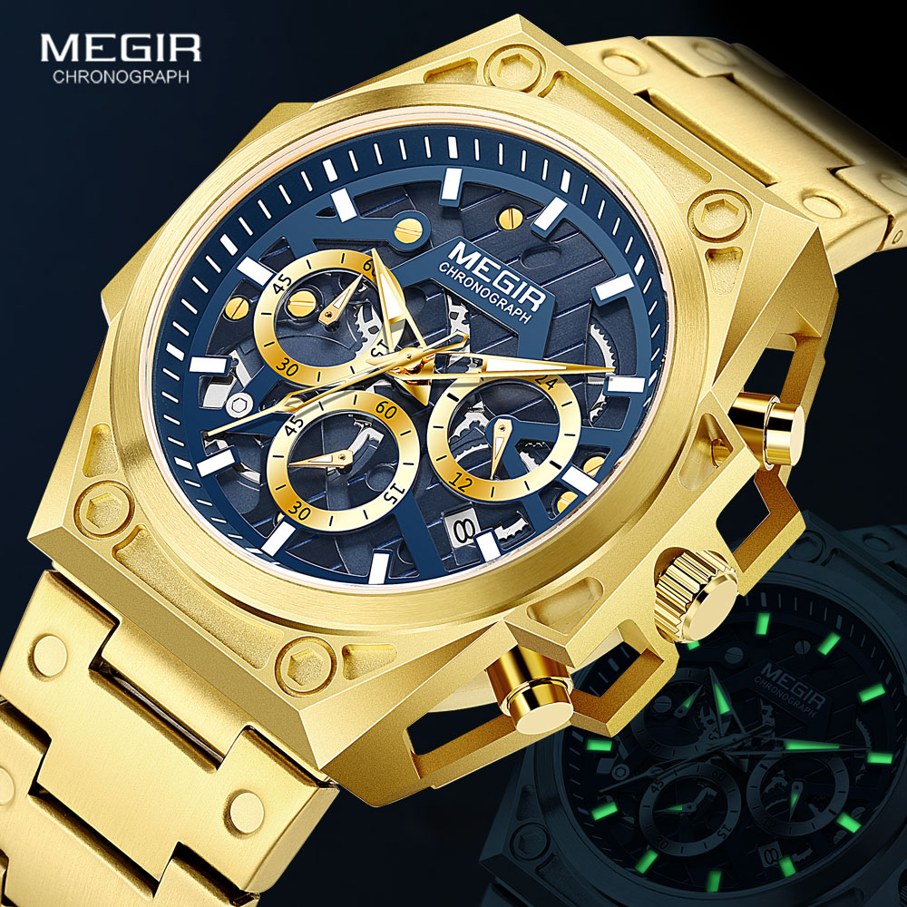 MEGIR-reloj analógico de acero inoxidable para hombre, accesorio de pulsera de cuarzo resistente al agua con cronógrafo, complemento masculino de marca de lujo con esfera luminosa, color dorado