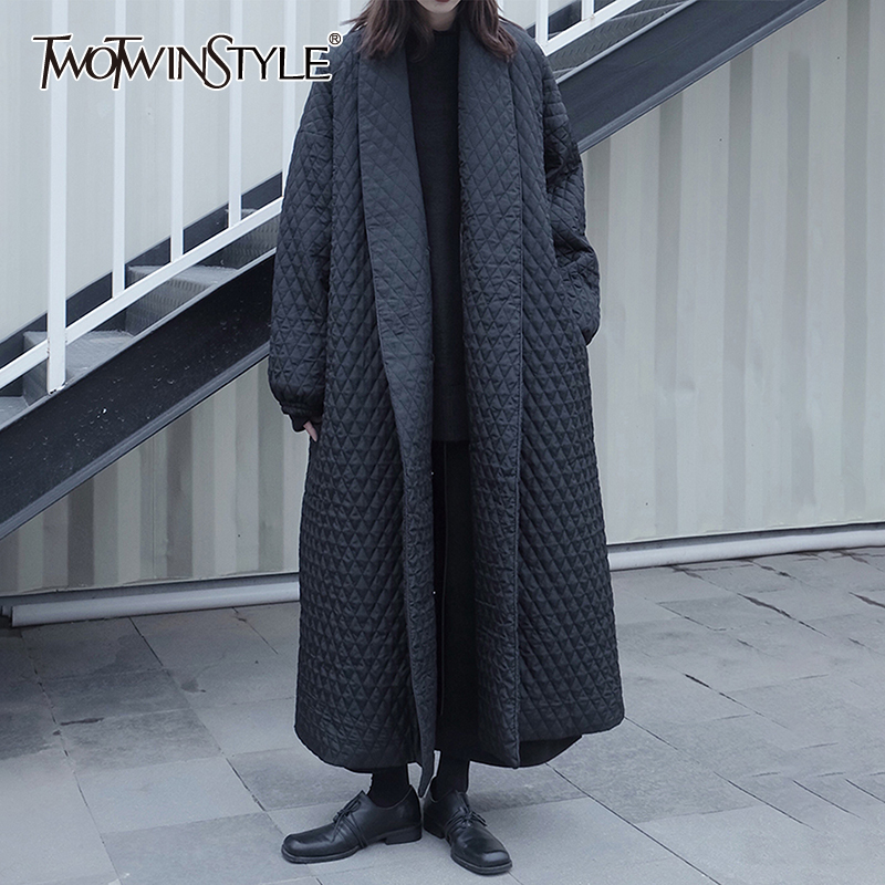 TWOTWINSTYLE Splicing Argyle Mid parka per le donne scollo a V manica lunga Casual cappotto di cotone solido moda femminile nuovo inverno elegante