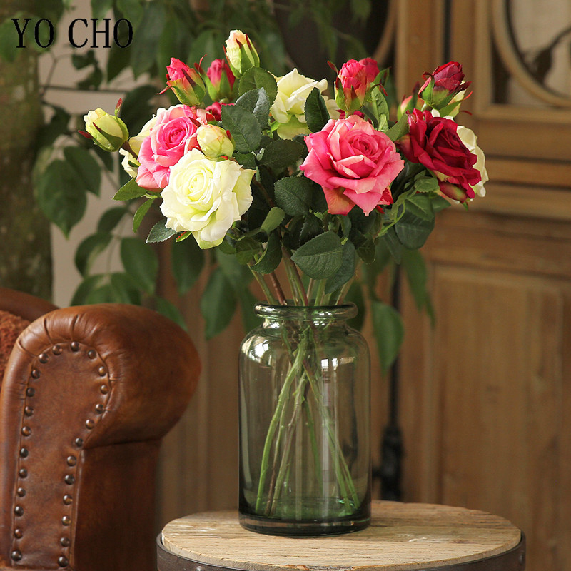 Rose Bouquet ดอกไม้ประดิษฐ์ Peony ดอกไม้ DIY สีแดงสีชมพู Real Touch Rose ดอกไม้พลาสติกปลอมบ้านตกแต่งตาราง