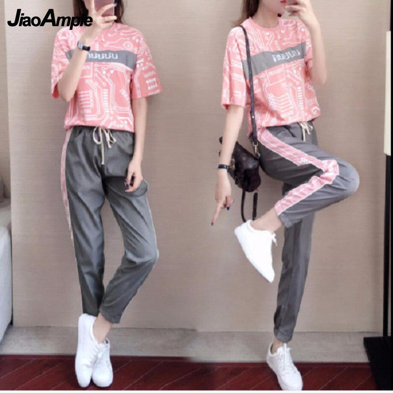 Mulheres esportivas agasalho 2025 novo o-pescoço fino bonito letras de manga curta calças superiores conjunto de duas peças feminino casual pantsuit