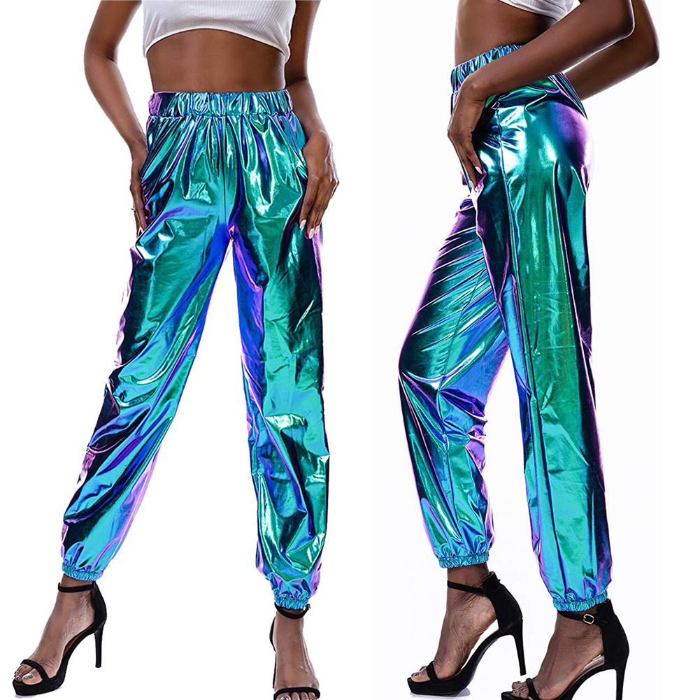 Calça feminina cintura alta metálica brilhante jogger casual cor holográfica streetwear moda feminina calças reflexivas suaves
