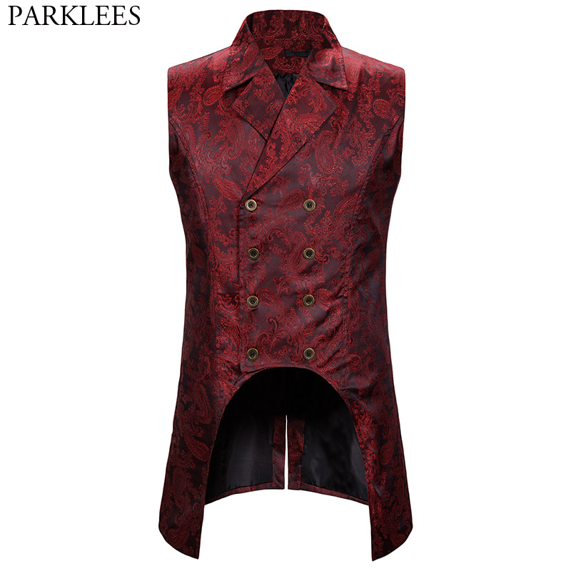 Chaleco largo de Jacquard para hombre, prenda de vestir con doble botonadura, brocado y solapa, color rojo vino, estilo gótico Steampunk, sin mangas