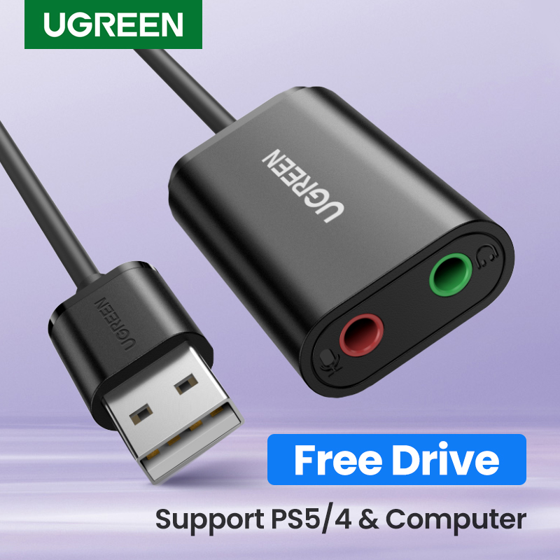 UGREEN การ์ดเสียงภายนอก3.5มม.USB USB USB ไมโครโฟนลำโพงระบบเสียงสำหรับ PS4คอมพิวเตอร์แล็ปท็อป USB การ์ด