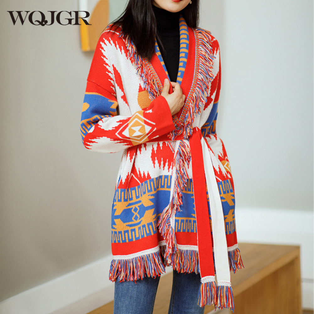 WQJGR maglione Cardigan autunno inverno donna lana coltello nappa stampa colorata sciolto manica lunga moda alta qualità
