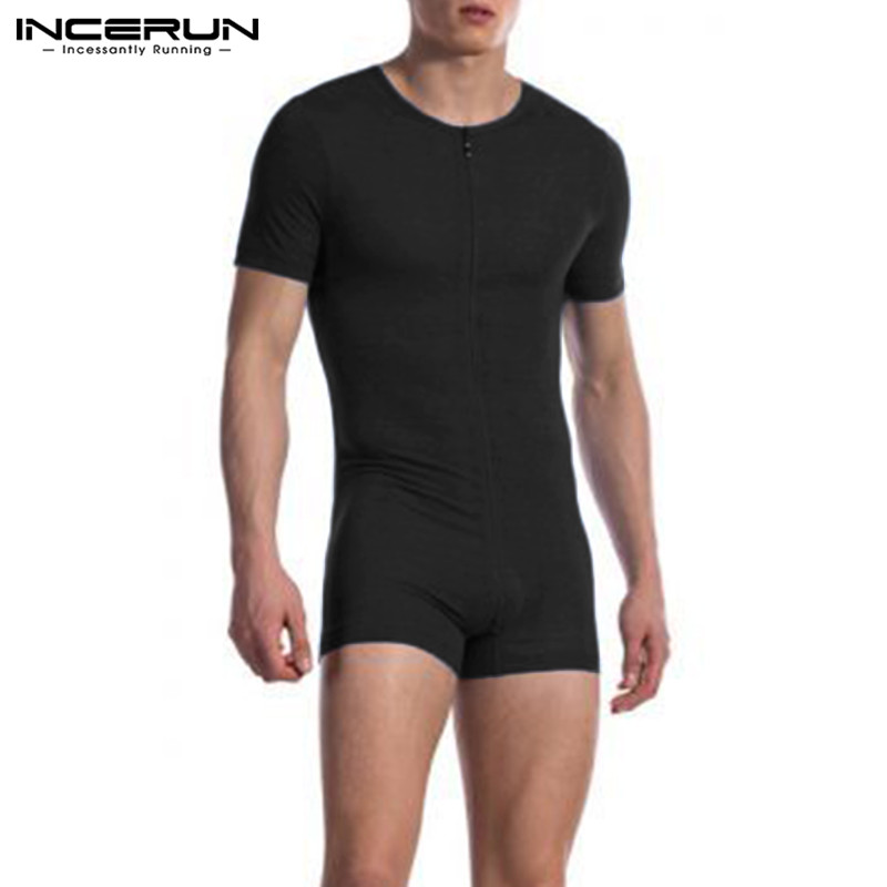 INCERUN piżama męska pajacyki jednolita, krótka rękaw V Neck Zipper Fitness rozrywka Homewear Playsuits przytulny kombinezon 2023 bielizna nocna