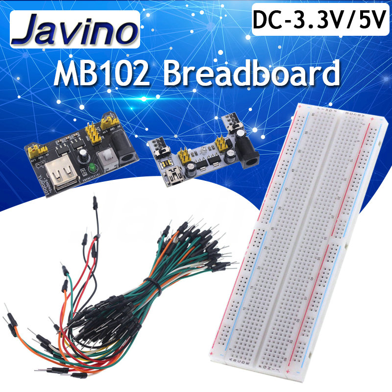 Módulo de alimentación de placa de pruebas MB102 de 3,3 V/5V + MB-102 kit de placa de pan prototipo sin soldadura de 830 puntos + 65 cables de puente flexibles KIT DIY