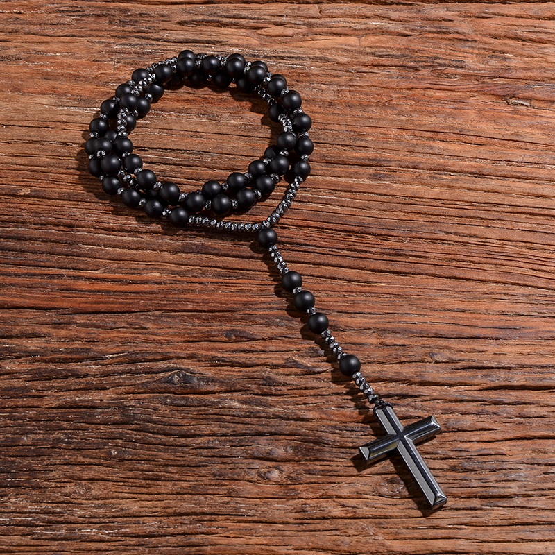 Mattschwarzer Onyx Perlen-Rosenkranz Katholische Christliche Gebetskette Kreuzanhänger für Männer und Frauen Meditations-Mala-Schmuck