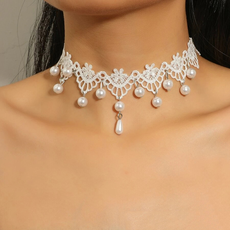 Gargantilla de encaje con tatuaje gótico clásico para mujer, collar con colgante de perlas y borlas, joyería Bohemia, regalo de Navidad X079