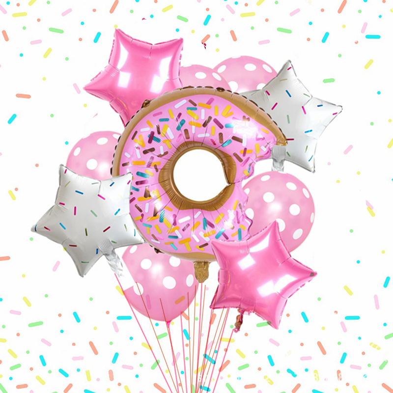 10 pçs donut filme de alumínio balão combinação decorações de festa de aniversário do bebê estrela de cinco pontas onda ponto balão de látex conjunto de doces