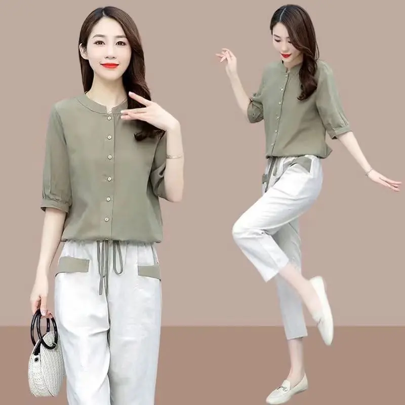 Costume intero/abito in cotone e lino da donna 2025 Camicia a maniche corte da donna nuova Pantaloni a nove punte Set top femminile in due pezzi L658