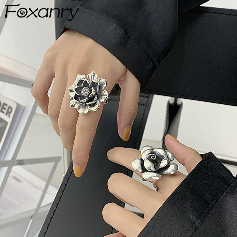 Foxanry prata cor anéis de noivado nova moda criativa exagero flor vintage punk festa jóias presentes para mulher