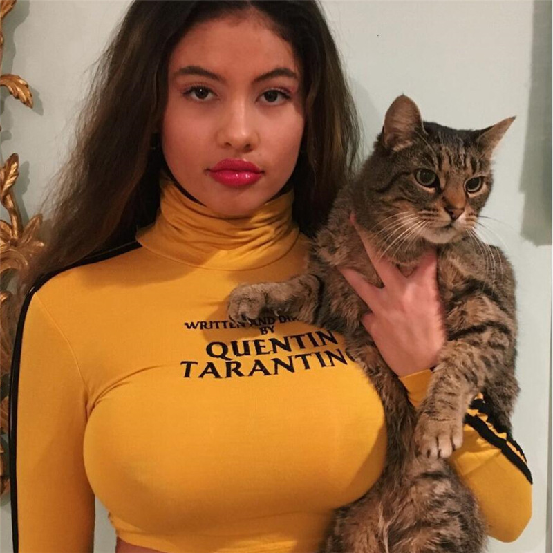2025 Moda Quentin Tarantino Crop Top sexy Donna Side Stripe Dolcevita a maniche lunghe in cotone lavorato a maglia Maglietta corta Lady
