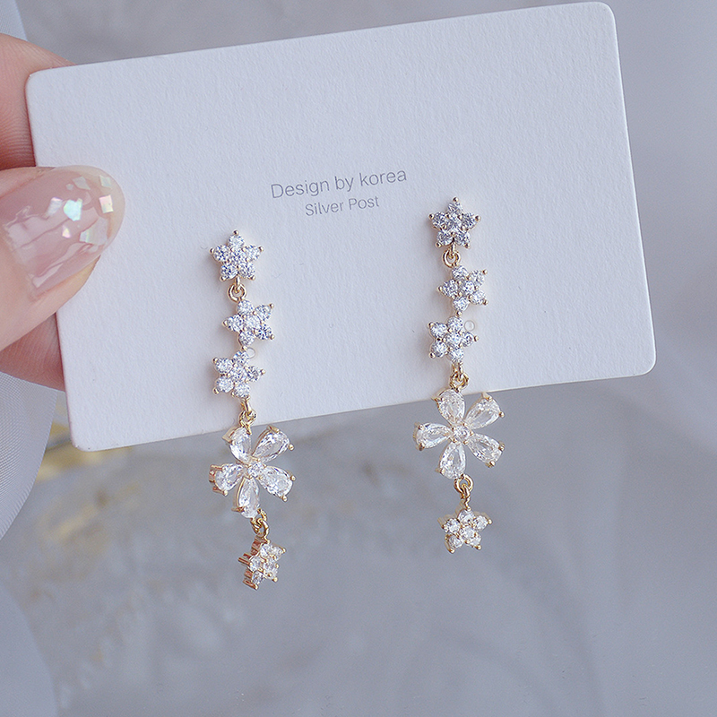 Romântico Doce Longo Design Brincos De Flores Para Mulheres, AAA Zircon Stud Earring, Jóias De Casamento, Pingente, Presente De Aniversário, Acessórios