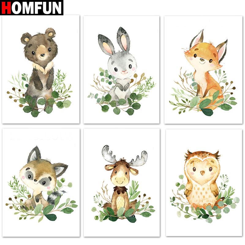HOMFUN – peinture diamant thème "ours, lapin, renard, raton laveur", broderie complète 5D, perles carrées ou rondes, points de croix, à faire soi-même