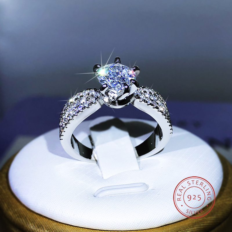 925 prata esterlina luxo espumante seis garra anel de zircão branco para senhoras festa recepção jóias presente