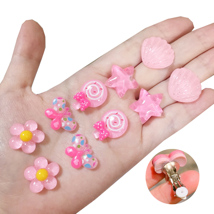 Pendientes con clip para niñas y niños, joyería rosa, pendientes con clip para niños, clip para oreja con flor y estrella de concha de mariposa, regalo para niños, 5 pares