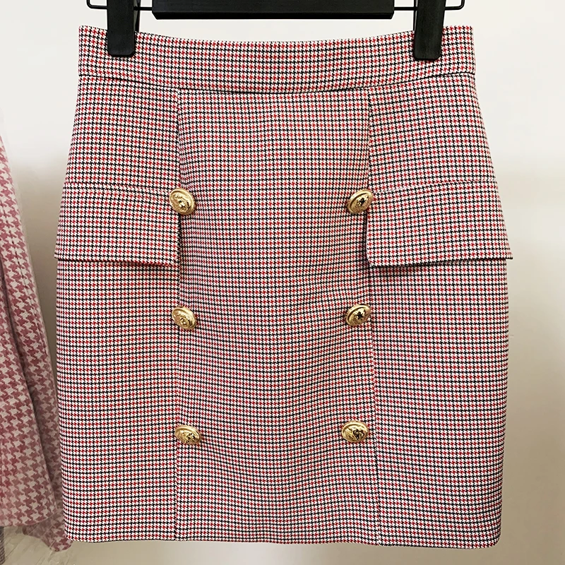 HIGH STREET Nouveauté 2026 Jupe de créateur tendance pour femme, mini-jupe à motif pied-de-poule avec boutons lion