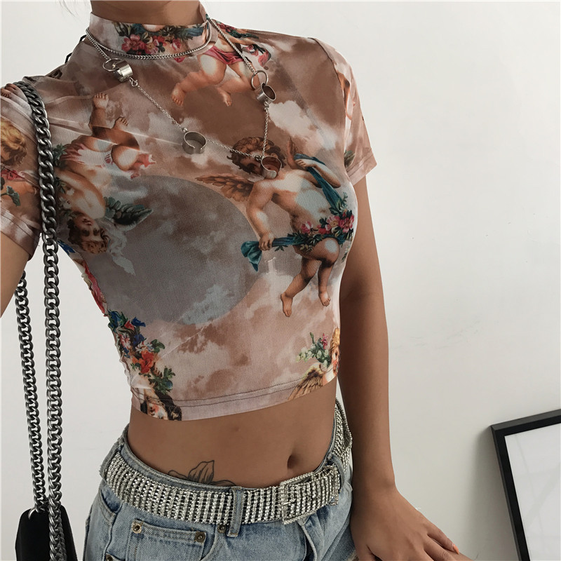Angel Print Mesh Sexy T Shirt Crop Top High Neck Short Sleeve Graphic Tees Women Streetwear Harajuku Shirts Hot Sale