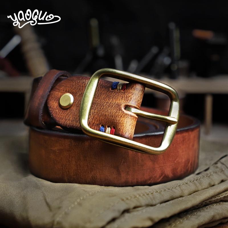 Top Quality Leather Belt Handmade Cowhide Copper Buckle Retro Genuine Leather Men's Belt Wild Old Pin For Jeans Belt Cowboy