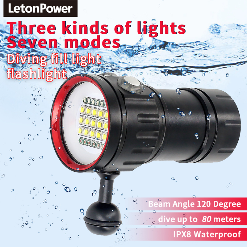 Novo led luz de mergulho destaque tocha 20000lumens tático lanterna mergulho subaquático 100m à prova dwaterproof água câmera vídeo luz
