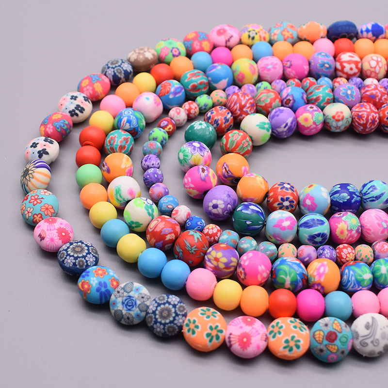 Cuentas de arcilla polimérica de 6/8/10mm, cuentas con estampado de flores, cuentas redondas sueltas para hacer joyería, pulsera DIY