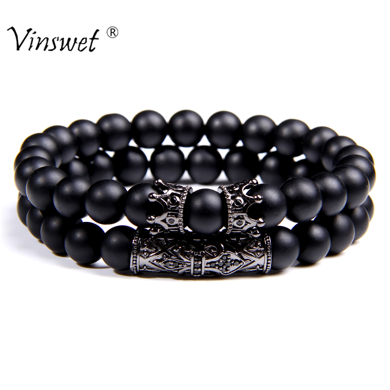 Bracelets de luxe perlés en Onyx noir pour hommes, 2 pièces, en pierre naturelle, à la mode, accessoires bijoux faits à la main