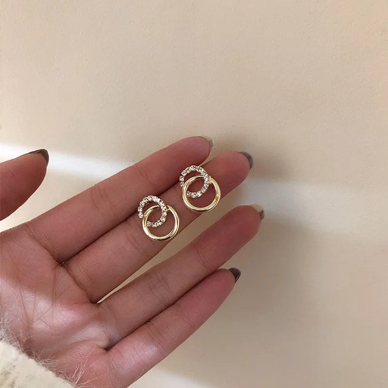 Korean Simple Double Circle Gold Color Metal crystal Drop Earrings For Women Fashion Small Pendientes Jewelry Best Friend Gifts