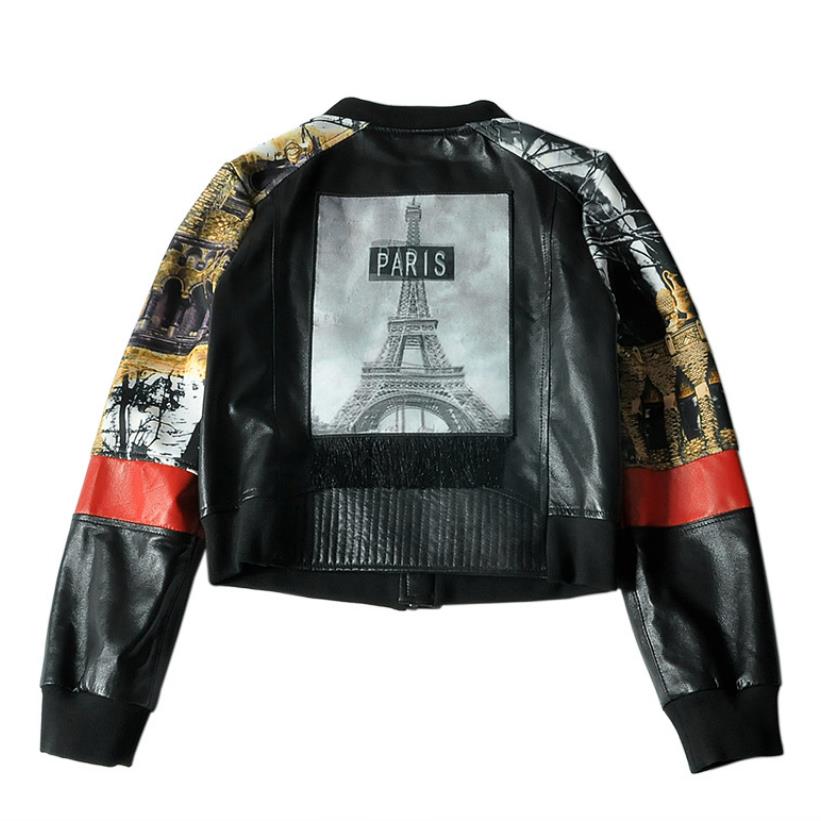 Chaqueta de cuero genuino para mujer, abrigo corto informal con cuello redondo, estampado de retales de piel de oveja, uniforme de béisbol, F1434