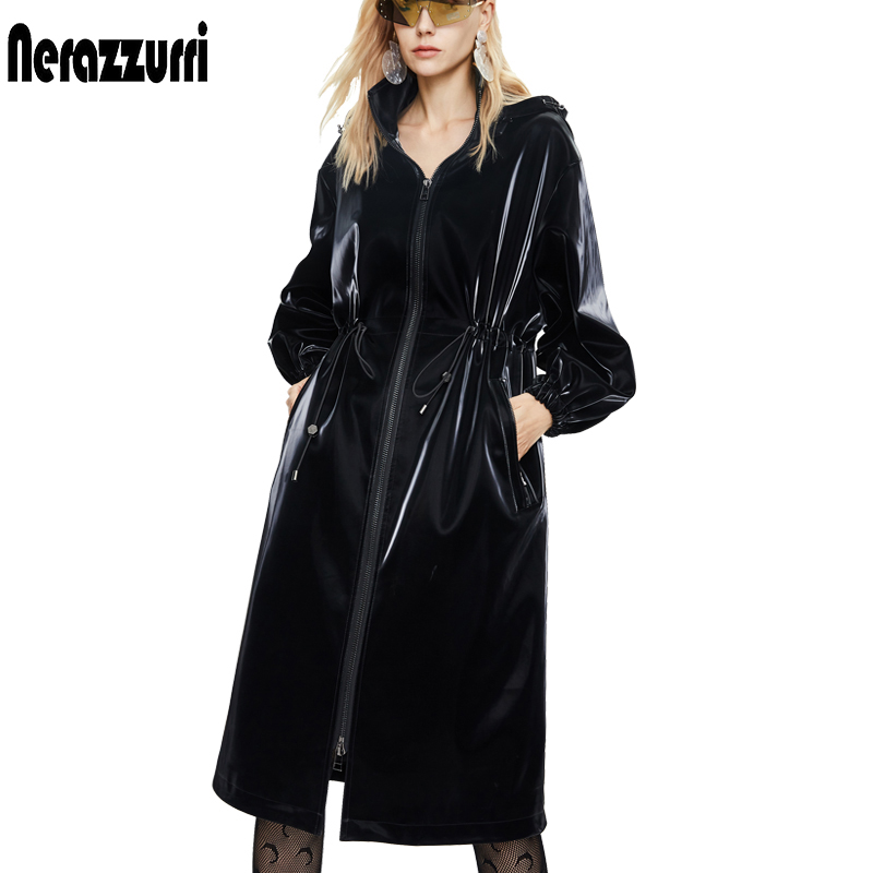 Nerazzurri-Casaco de couro envernizado brilhante feminino, manga comprida, corta-vento com zíper, quente, extragrande, preto, moda outono, 2023