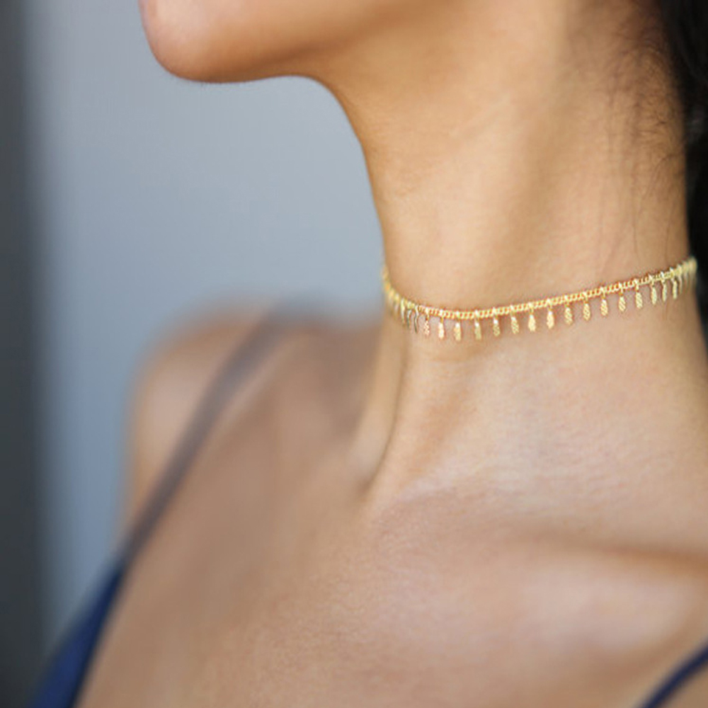 Mode Warna Emas Rumbai Liontin Rantai Kalung untuk Wanita Bohemia Punk Pendek Choker Kalung Perhiasan Aksesori